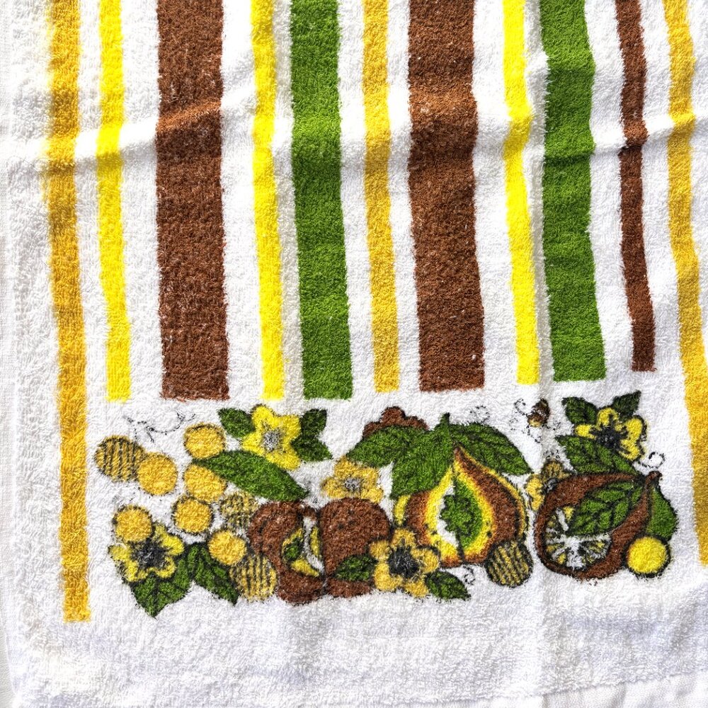 4 Vintage Kitchen Terry Dish Towels Fruits Flowers Stripes Fringe Set of 4 Retro - Picture 6 of 8
